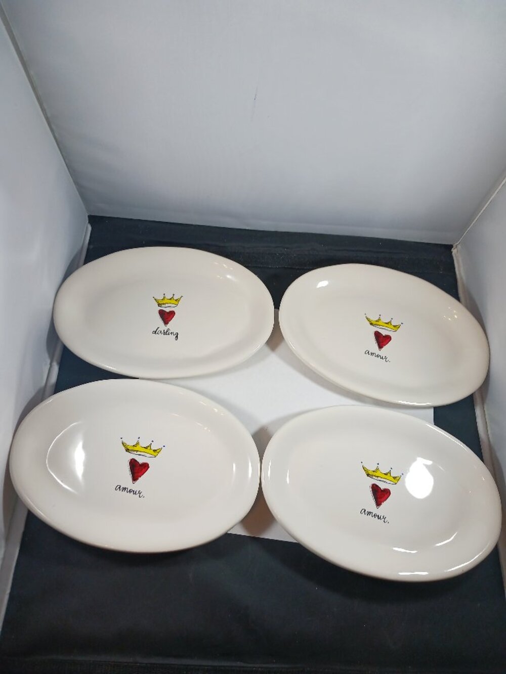 4pcs Rae Dunn AMOUR Script Heart Crown Oval Appetizer Snack Dessert